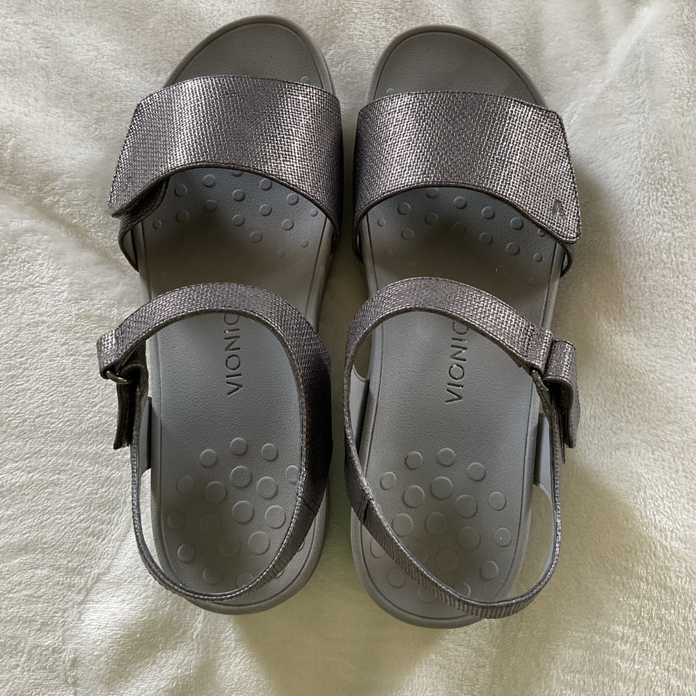 Vionic Metallic Pewter Adjustable Strap Sandals